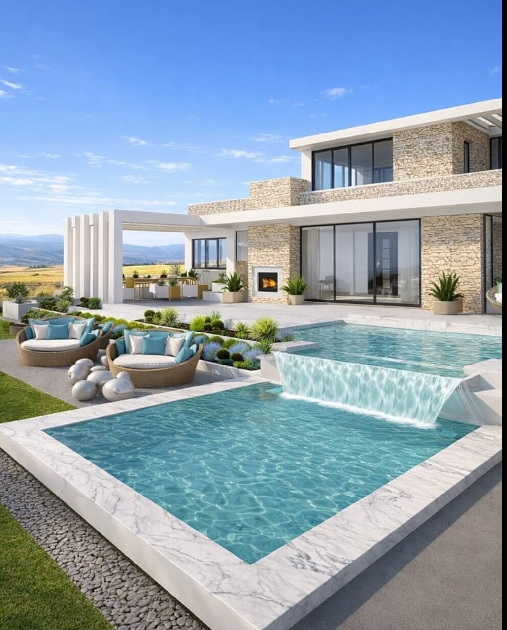 Villa neuve construite par Aldiana Construction, piscine à débordement