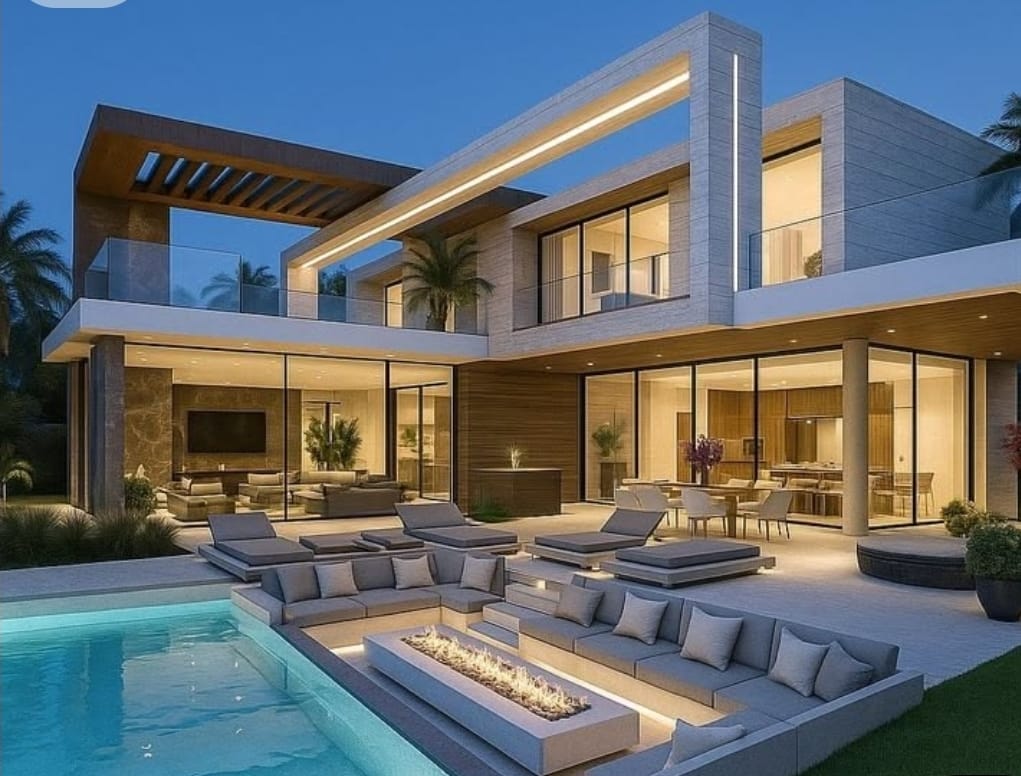 Villa rénovée par Aldiana Construction, terrasse et piscine en soirée
