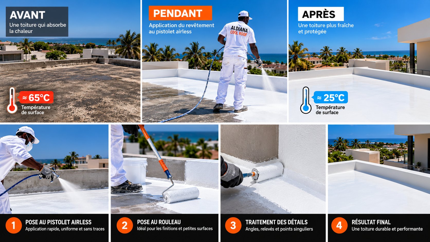 Aldiana Cool Roof avant, pendant et après : toiture béton à environ 65 °C, application du revêtement thermo-réflectif au pistolet airless et au rouleau, toiture blanche à environ 25 °C